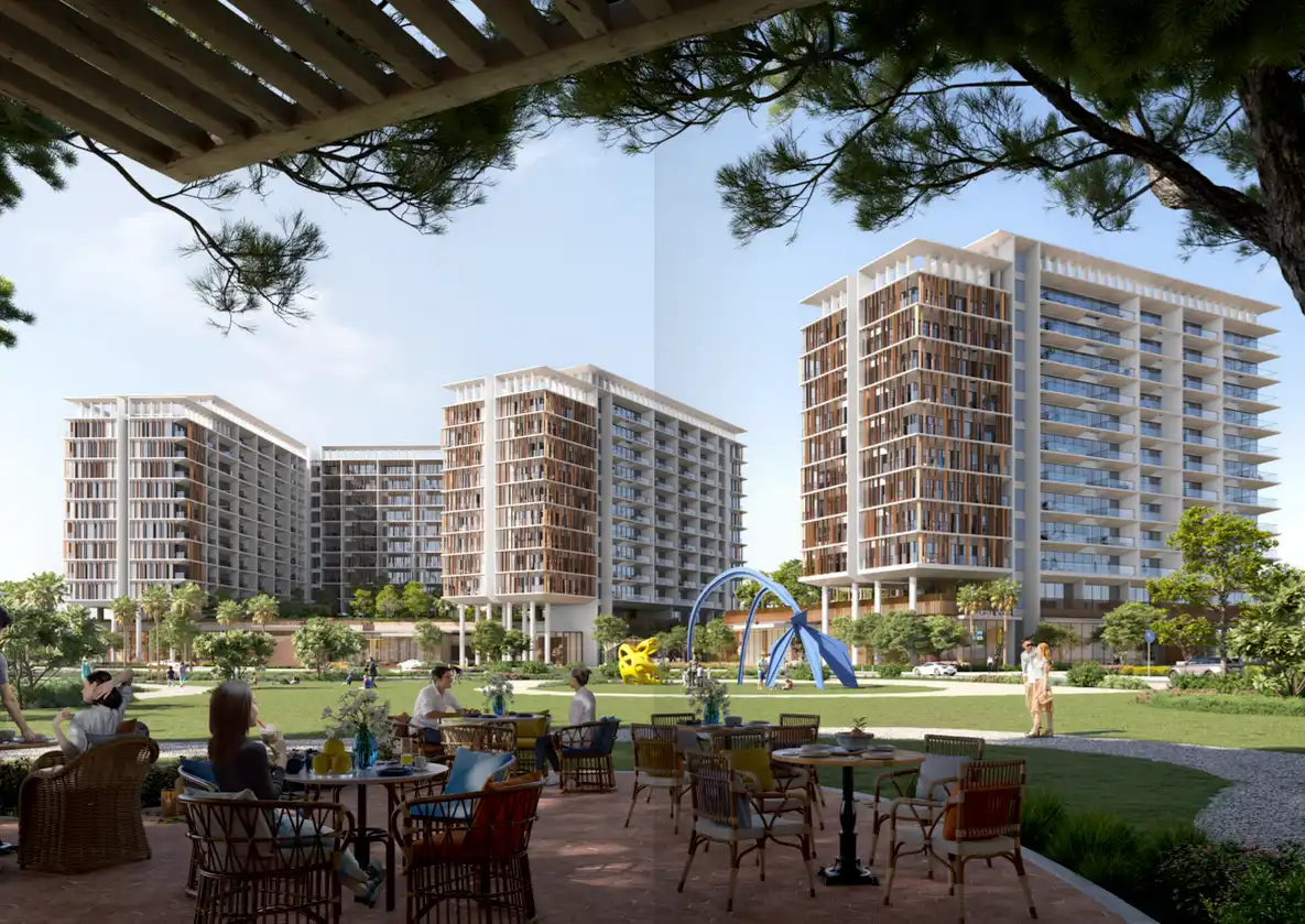 Side aerial shot of Elm at ParkFive apartments